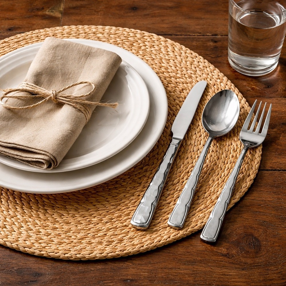 Rogers Stainless Korea Flatware Service for 4 Hammered Handle Geometric‎